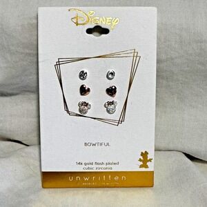 Disney 3 Pair Earring Set 14k Gold Flash Plated Cubic Zirconia Minnie Mouse Stud